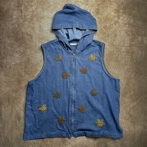 Vintage 90s VJ Woman Patchwork Fall Foliage Sleeveless Zip Up Denim Hooded Fall